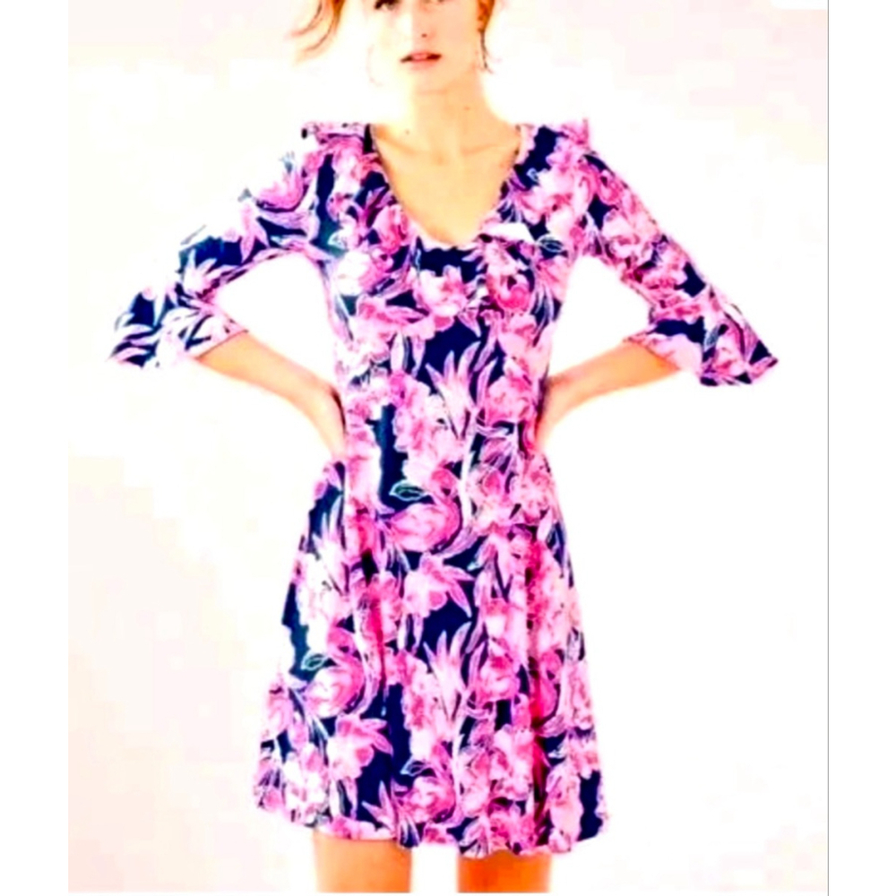 Lilly Pulitzer Long Sleeve Dress L Pink Navy Floral, flutter sleeve neck